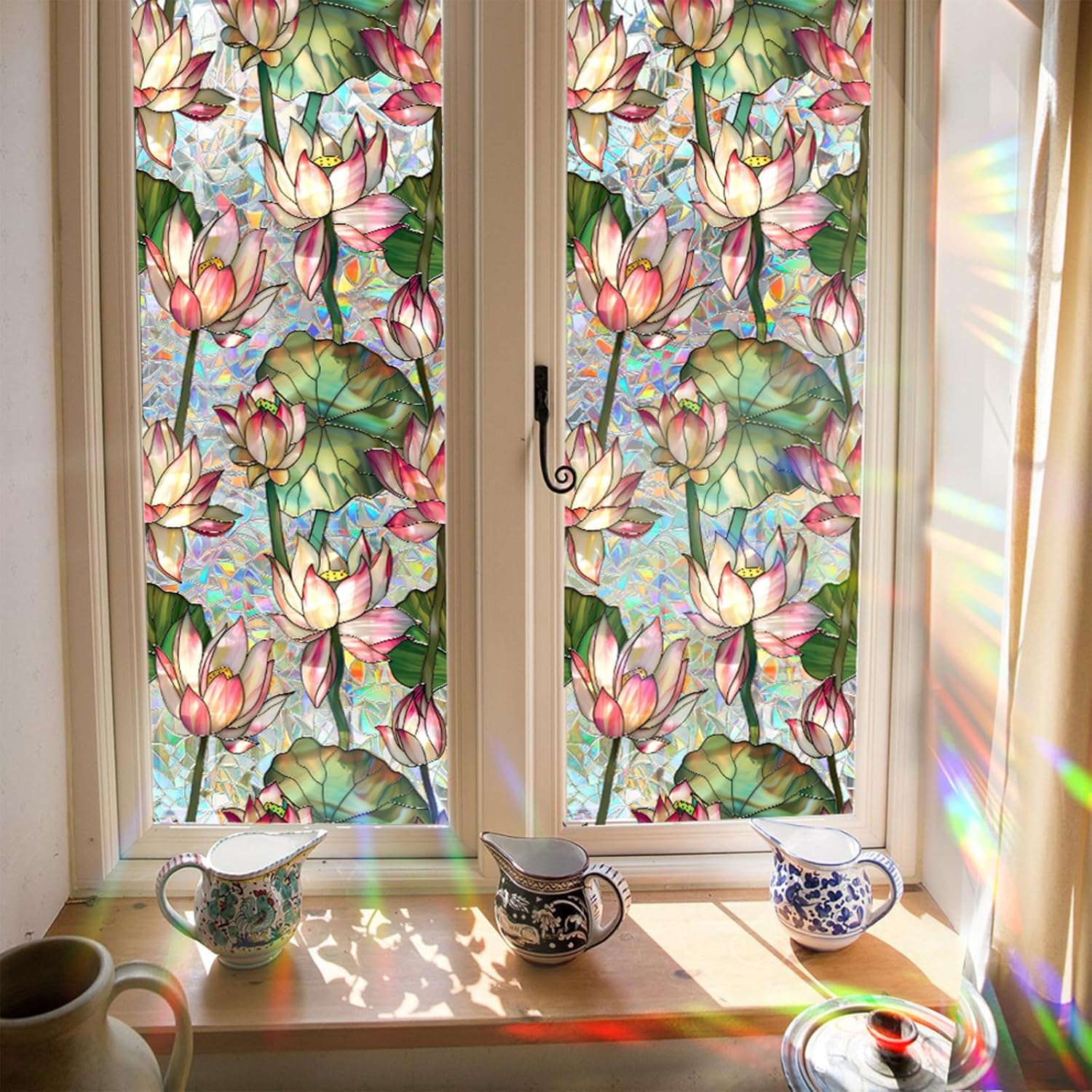 Home Bathroom Window Tint - Lotusbloemen glas-in-lood raamfolie, regenboog raamfolie glasstickers