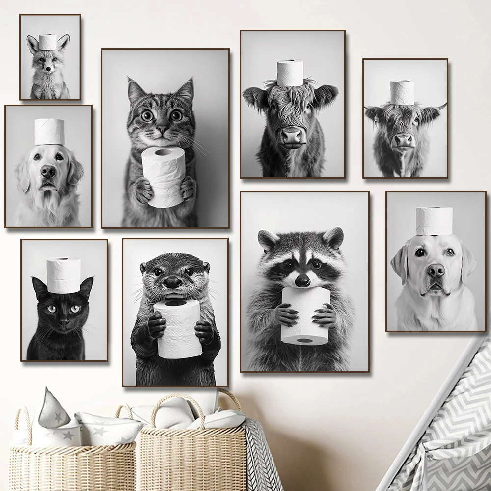 Home Bathroom Pictures - Hooglandkoe Otter Kat Wasbeer met Toiletpapier