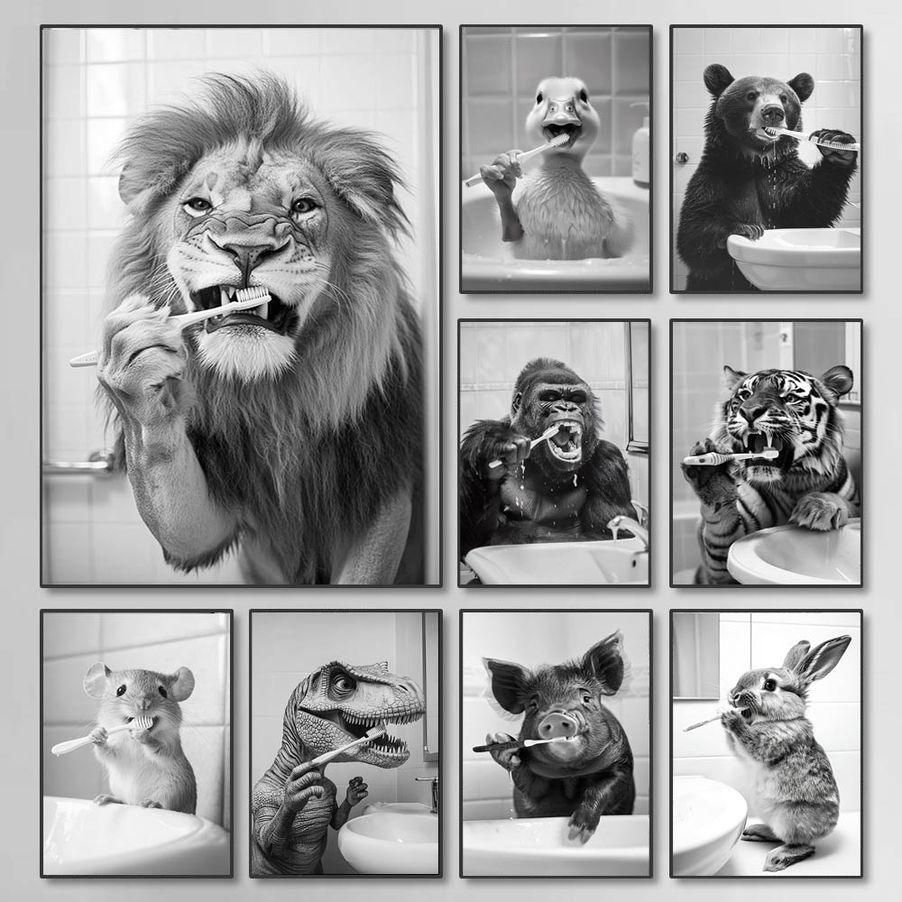 Home Bathroom Pictures - Zwart Wit Grappige Badkamer Tandenpoetsen Poster